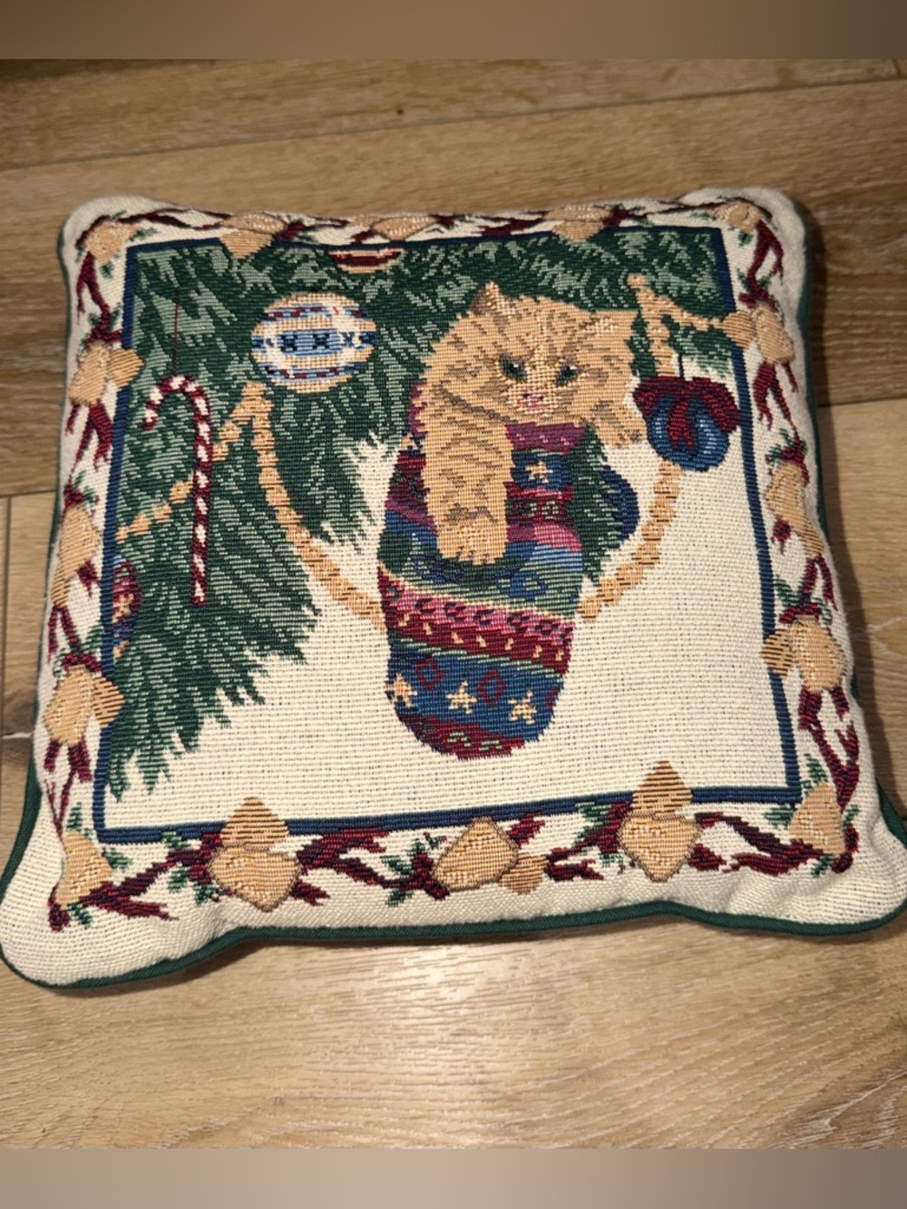 Festive Orange Kitten Christmas Stocking Tapestry Throw Pillow 11.5x11.5